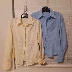 2 Express Stretch Womens Button Down Shirts in Creamy Yellow and Pale Blue